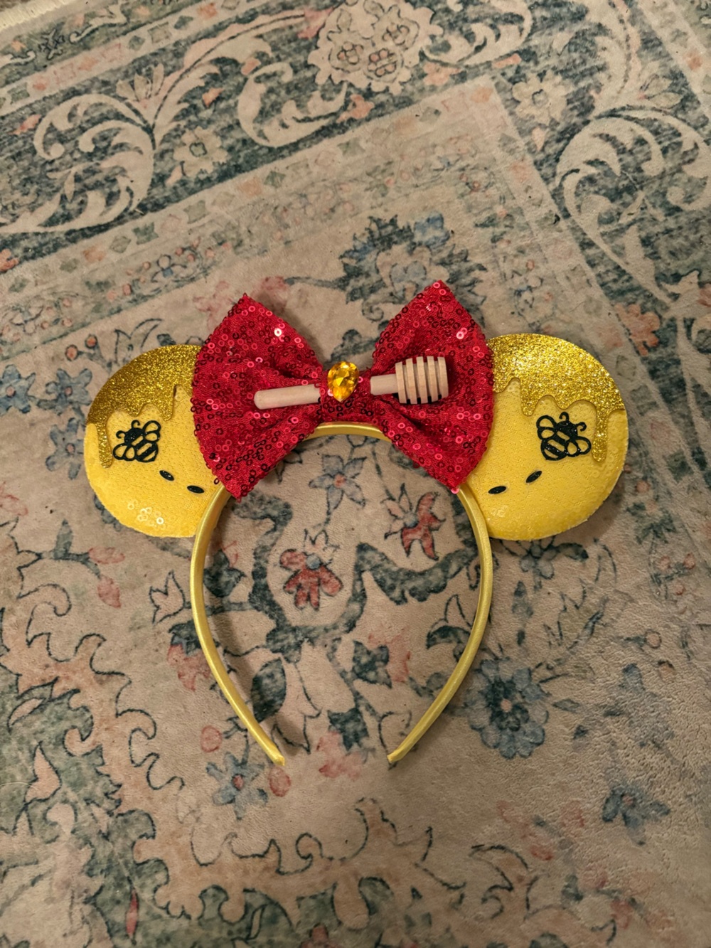 Yellow Honey Bear Sequin Ear Headband With Red Bow
